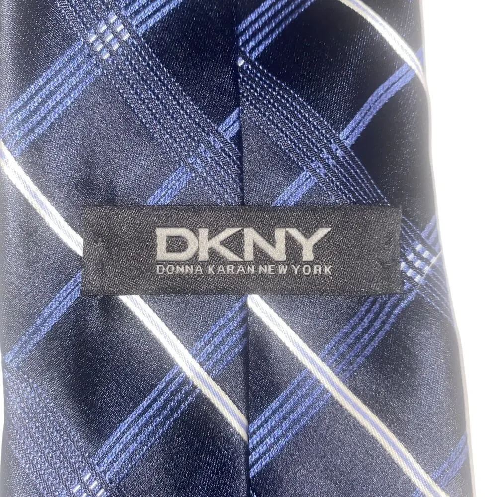 DKNY Men's Black Blue White Plaid 100% Silk Necktie 60”x3.25”